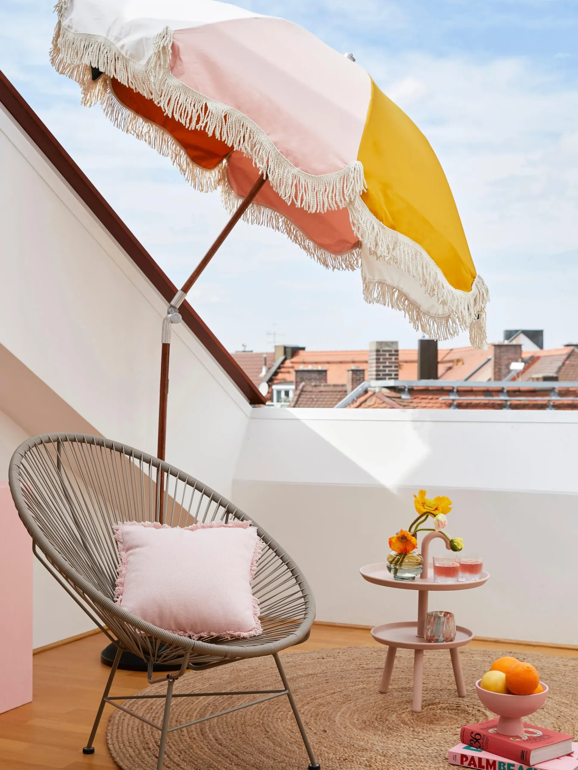 Ombrellone pieghevole con frange Retro, Ø 180 cm